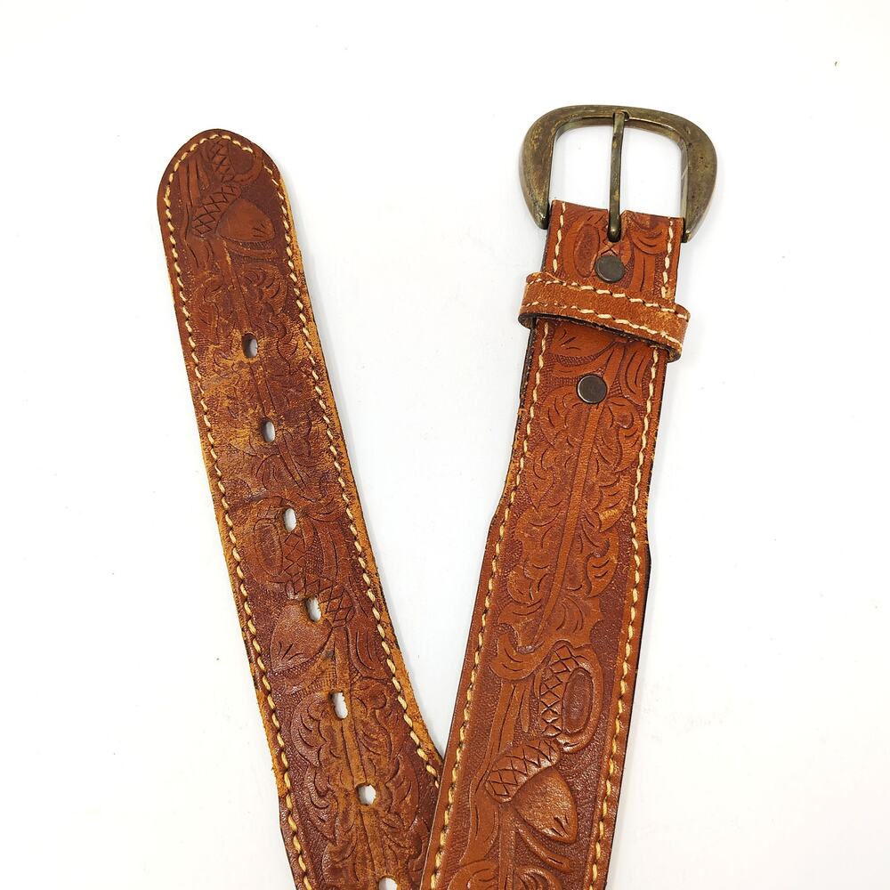 JCPenney Vintage Belt 40 Harry Tooled Cowboy Western Boho Cowhide Leather Brown